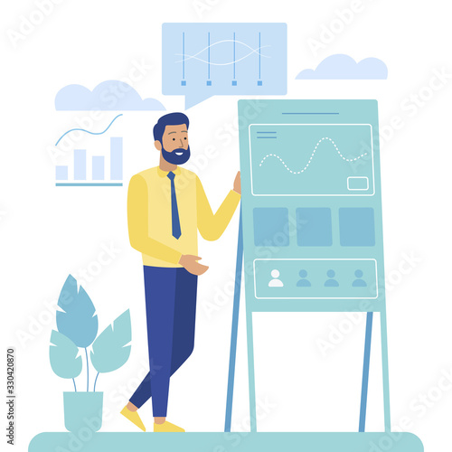 Cartoon Bearded Man Character Performing Analytic Report on Dashboard. Data Research and Social Statistics in Graphs and Charts. Communicative Activity Analysis. Vector Flat Metaphor Illustration