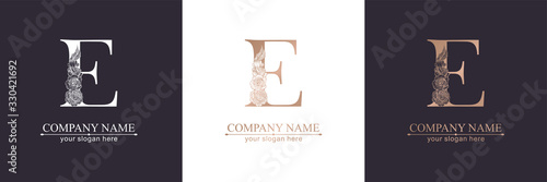 Letter E logo or monogram. For your business. Vector sign. Floral style, beautiful roses. Personal logo.