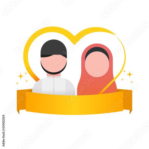 Illustration of muslim couple. Woman wearing hijab. Muslim character with ribbon banner in flat design. Anniversary romantic illustration.