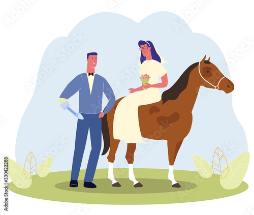 Cartoon Man with Prosthetic Hand in Suit, Woman in Wedding Dress on Horseback Vector Illustration. Groom Bride Wedding Celebration. Physically Disabled Handicapped Couple, Romantic Relationship