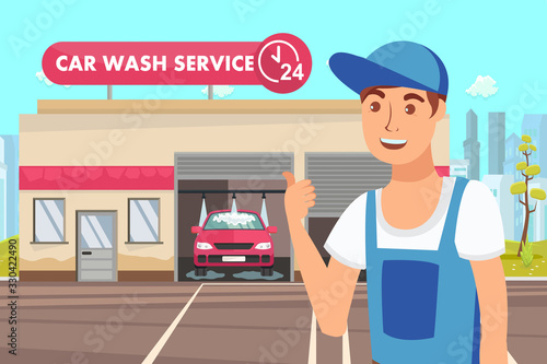 Car Workshop and Wash Service Vector Illustration. Auto Detailing. Happy Mechanic in Overalls Showing Thumbs Up Cartoon Characters. Automobile Cleaning. 24 Hours Open Carwash, Transport Maintenance