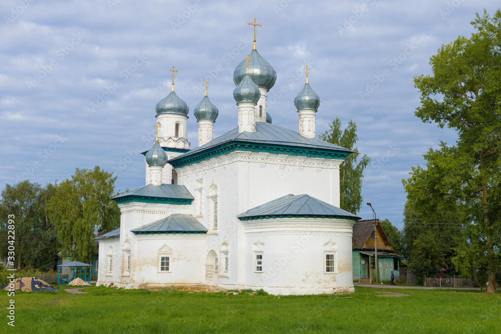 Old Church of the Nativity of the Virgin. Close-up on a cloudy August morning. Kargopol, Russia