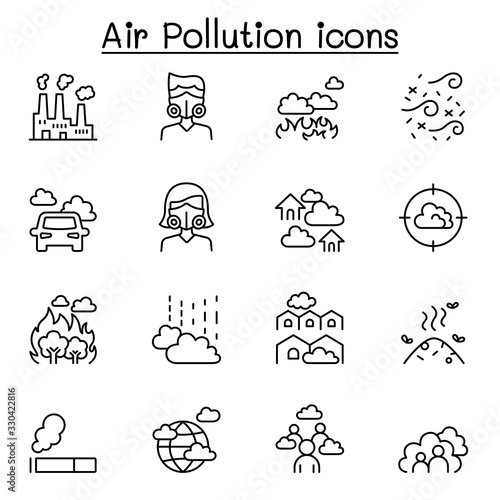 Air pollution   Virus disease icon set in thin line style