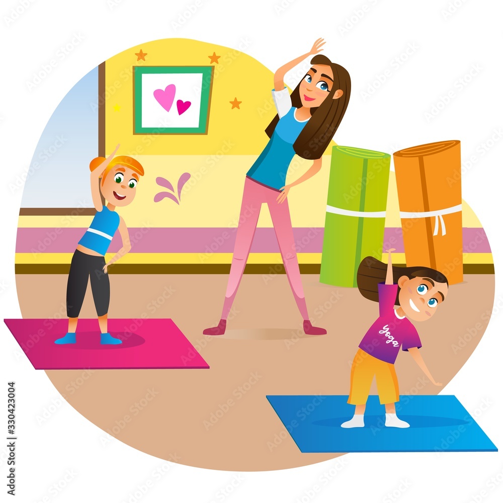 Family Sport Training. Cartoon Mother Doing Yoga Exercise with Children on  Floor Mat Vector Illustration. Kid Yoga Practice Home Room Indoors. Woman  Teaching Boy Girl Pilates Gymnastics Stock Vector | Adobe Stock