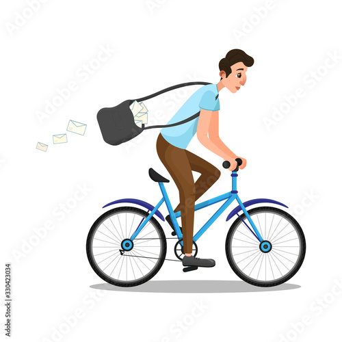 Cartoon Caucasian Man in Postman Role Riding Bike. Cool Male Courier Person Character with Bag Full of Letter Envelopes Rushing on Bicycle. Cycling Cinema Actor Isolated on White. Vector Illustration