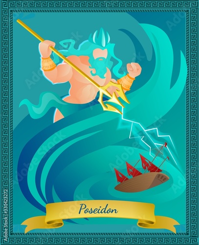 Ancient Greek God of Sea and Waters Poseidon in Crown with Gold Trident. Religion and Myth Greece Traditions and Rituals Character. Roman Neptune Ocean King. Cartoon Flat Vector Illustration, Banner