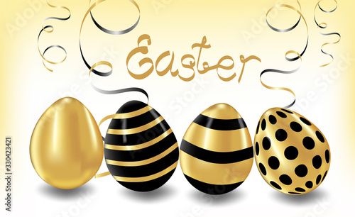Easter eggs on a gold background. 4 golden easter vector drawing, concept for holiday card, poster.