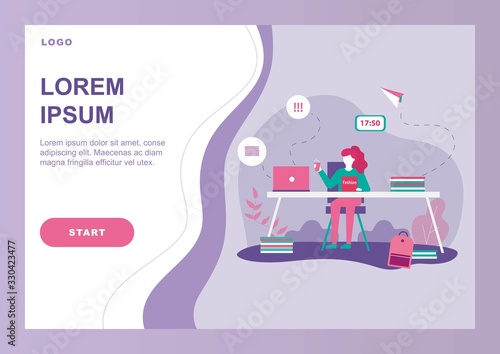Procrastination and Time Wast Problem Flat Banner. Cartoon Landing page. Woman Worker Character Watching Fashion Magazine, Drinking Coffee at Worktime. Work, Deadline Avoidance. Vector Illustration