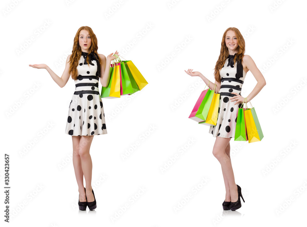Young woman with shopping bags on white Young woman with shopping bags on white