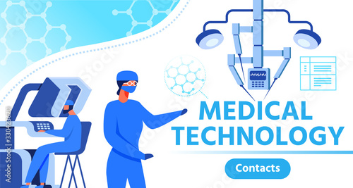 Advertising Banner Presenting Medical Technology. Webpage with Contacts Button and Doctors Team Controlling Automated Robotic Arm Assembly. Vector Robotically Assisted Surgical System Illustration