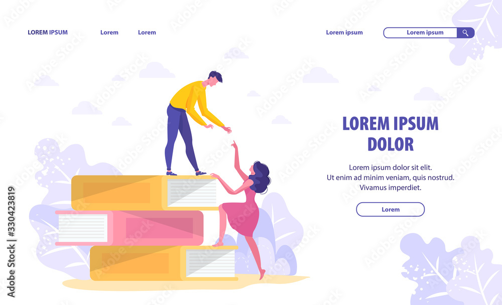 Young Man Standing on Stack of Book Help Beautiful Woman in Pink Dress Rise Up. Male Silhouette Reach Out Girl. Cute Two Adult People Support. Modern Flat Vector Illustration Design for Landing Page. Young Man Standing on Stack of Book Help Beautiful Woman in Pink Dress Rise Up. Male Silhouette Reach Out Girl. Cute Two Adult People Support. Modern Flat Vector Illustration Design for Landing Page.