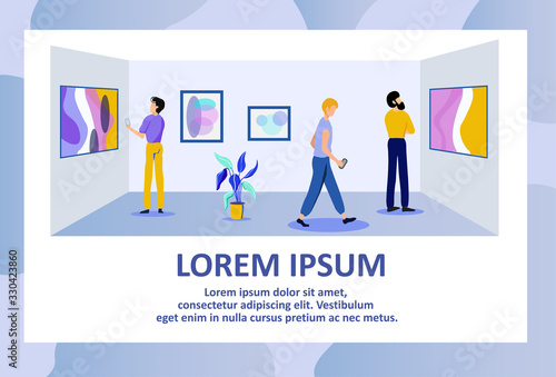 Advertising Art Gallery Excursion Text Banner with Visitors. Cartoon People Characters Visiting Contemporary Artworks Museum. Modern Displays Presentation, Exposition Paintings. Vector Illustration