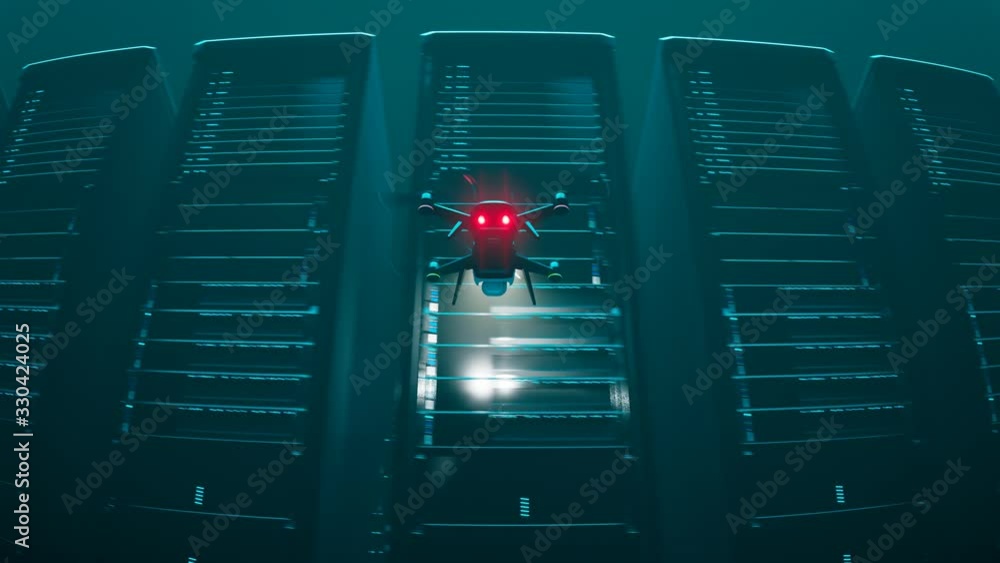Loopable animation with working drone scanning servers in a dark hall Render 4K