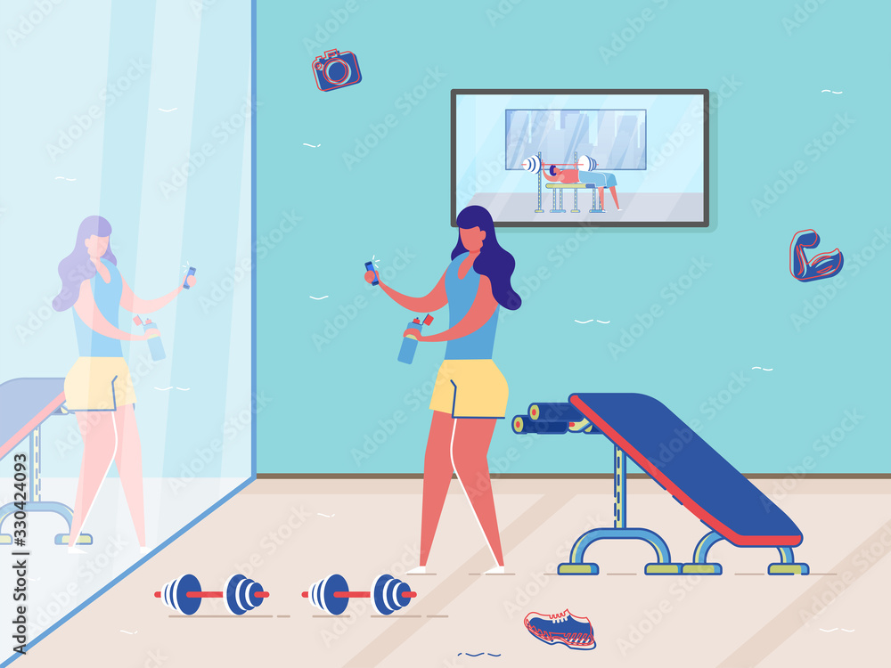 Cartoon Woman Take Photo in Gym Mirror, Selfie with Mobile Phone Camera  Vector Illustration. Girl after Lifting Dumbbells on Bench. Cross Fitness  Workout, Sport Training, Strength Exercises Stock Vector | Adobe Stock