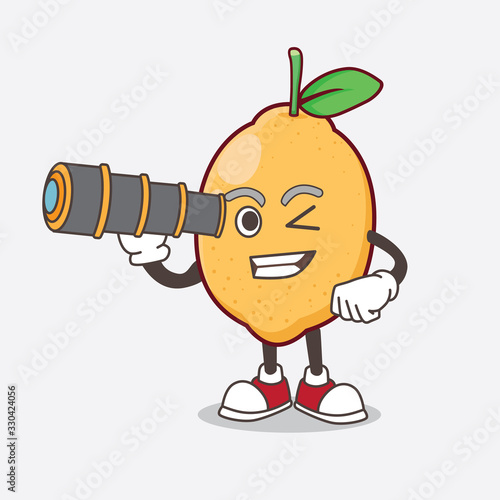 Lemon Fruit cartoon mascot character using a monocular