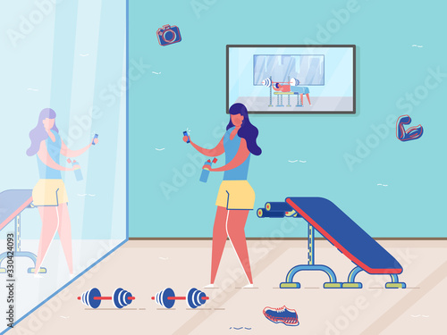 Cartoon Woman Take Photo in Gym Mirror, Selfie with Mobile Phone Camera Vector Illustration. Girl after Lifting Dumbbells on Bench. Cross Fitness Workout, Sport Training, Strength Exercises