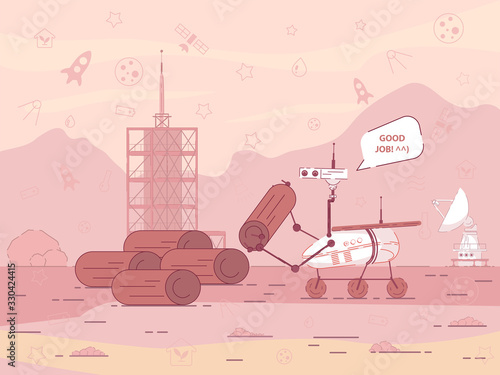 Communication from All-terrain Vehicle Good Job. Successful Exchange Resources Between Earth and Colony on another Planet Flat. Robot Does Work Transporting Logs. Vector Illustration.