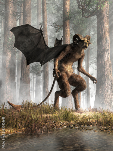 A hoofed creature with an animal head, horns and bat wings stands in the pine barrens. The Jersey Devil is a legendary cryptid of southern New Jersey. 3D Rendering. photo