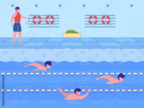 Cartoon Male Sportsman Swimming in Lane, Trainer on Pool Side Vector Illustration. Competition Championship Training, Fitness Exercise, Sport Center. Health Care, Active Leisure Indoor
