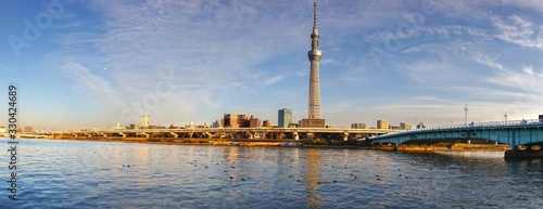 Photography Wide Panoramic Cityscape of Tokyo, Japan from Asakusa District with Bridge over