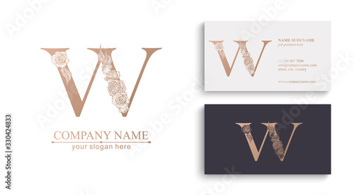 Letter W logo or monogram. For your business. Vector sign. Floral style, beautiful roses. Personal logo.