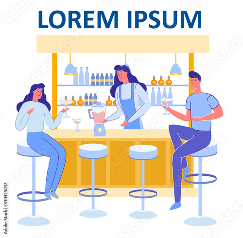 Cocktail Bar Counter with Barmaid Shaking Cocktails and Clients, Man and Women Cartoon Characters Drinking. Nightclub or Restaurant Visitors Tasting Beverages. Trendy Flat Vector Illustration.