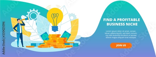 Poster is Written Find a Profitable Business Niche. Brand Awareness Raising. Flat Man Looking Through Telescope at Light Bulb and Gold Coins Cartoon. Vector Illustration Landing Page.