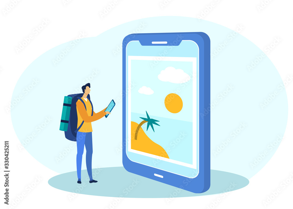 Man Traveler with Backpack Holding Tablet Flat Cartoon Vector Illustration. Character Standing near Big Device with Beach and Sea on Screen. Vacation or Rest Concept. Person Looking for Trip. Man Traveler with Backpack Holding Tablet Flat Cartoon Vector Illustration. Character Standing near Big Device with Beach and Sea on Screen. Vacation or Rest Concept. Person Looking for Trip.