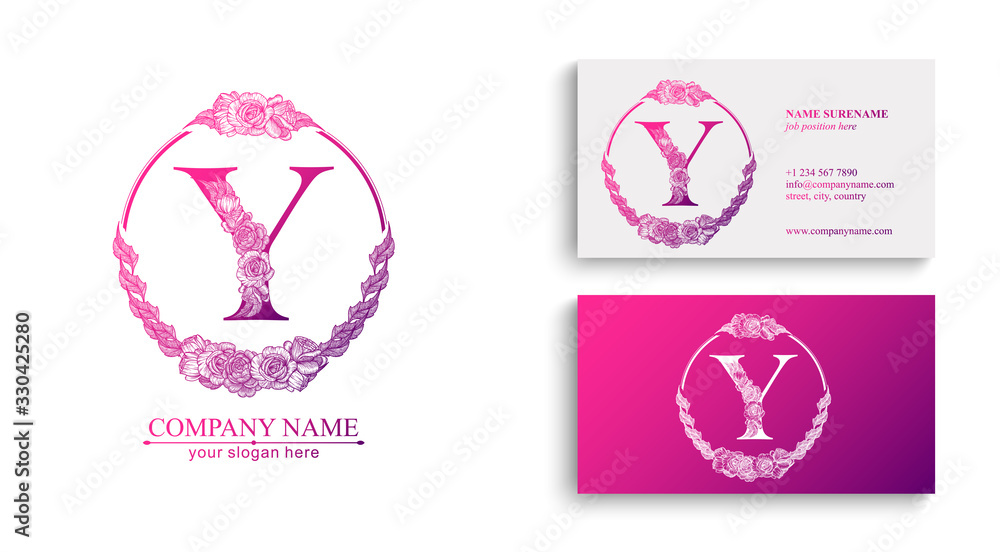 Letter Y logo or monogram. For your business. Vector sign. Floral style, beautiful roses. Personal logo.