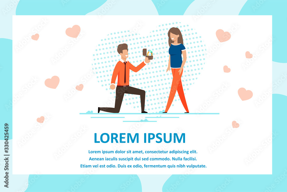 Greeting Flat Poster with Advertising Text. Cartoon Couple in Love Characters. Knee Man Makes Marriage Proposal with Engagement Ring. Happy Woman Surprised. Vector Illustration. Sweet Hearts Design