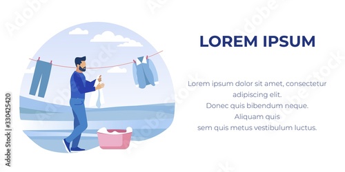 Bearded Young Man, Casually Dressed, Trying to Keep Household Alone, Hanging Clean Laundry up on Line Outdoors, Taking It out of Pink Basket. Illustration with Copy Space for Your Text.