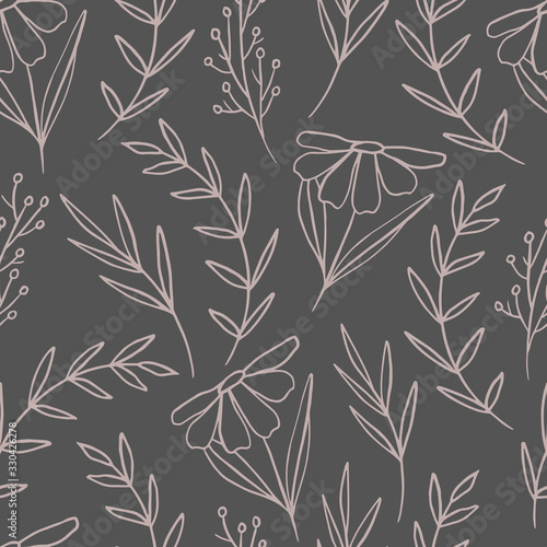 Fototapeta Naklejka Na Ścianę i Meble -  Hand drawn aesthetic botanical seamless pattern for print, textile, apparel design. Modern elegant botanical pastel background.