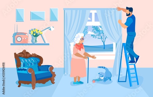 Prompt Banner, Domestic Help for Elderly Woman. In House with Retro Furniture and Things, Man Stands Stepladder and Helps his Grandmother around House, and Straightens Curtains. Cat Playing in House.