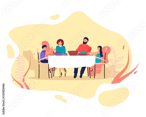 Happy Family Parents and Kids Eating and Chatting Sitting at Table with Food. Mom, Dad and Children Loving Relations, Happiness, Communication. People Having Dinner. Cartoon Flat Vector Illustration