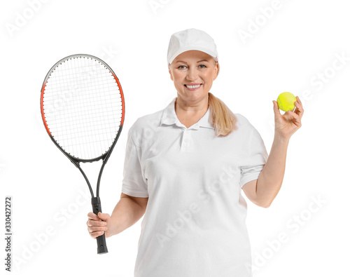 Mature female tennis player on white background © Pixel-Shot