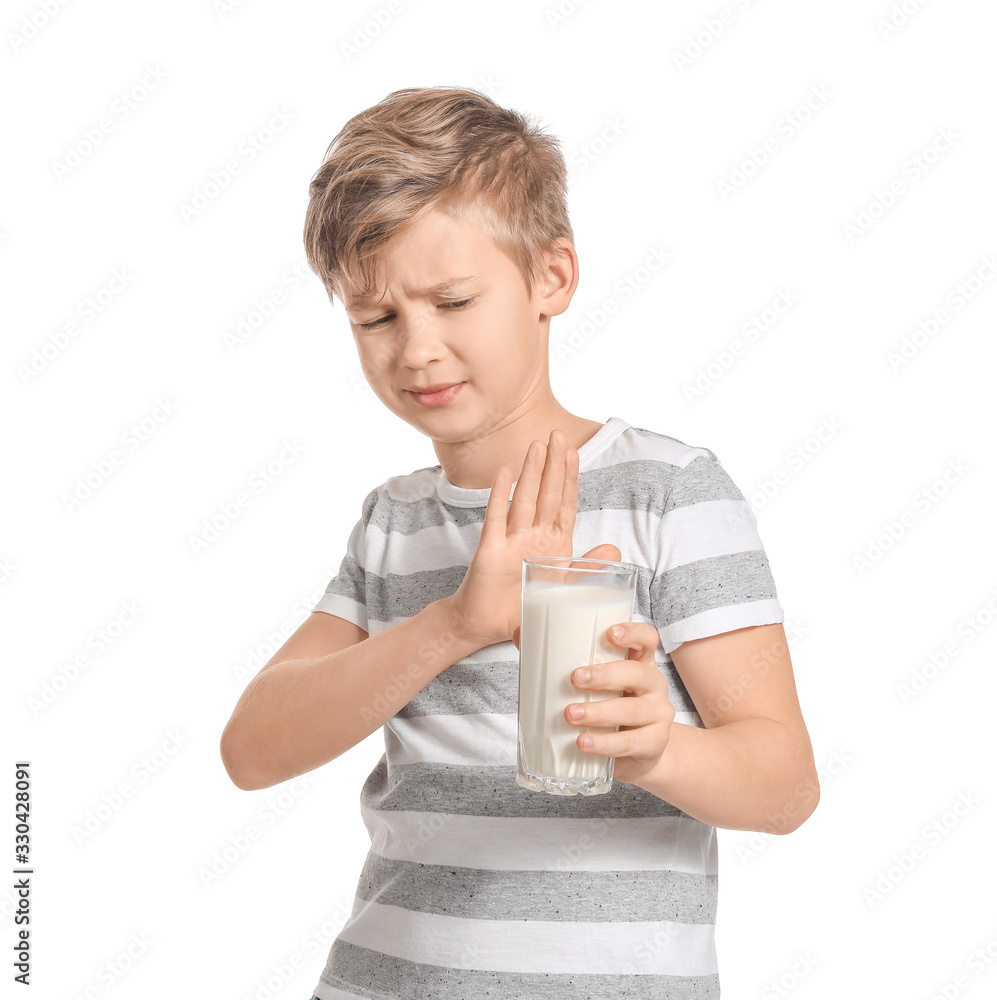 Little boy with dairy allergy on white background Little boy with dairy allergy on white background