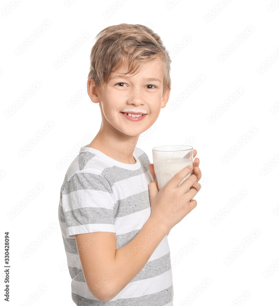 Little boy with milk on white background Little boy with milk on white background