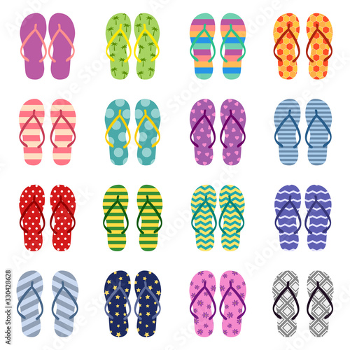 Set of bright colored flip flops, vector illustration
