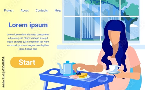 Vector Landing Page Design Template for Trendy Online Project. Copy Space for Your Text. Young Woman, Having Breakfast, Served on Tray, Holding Cup with Tea or Coffee, Eating Pancakes with Berries.