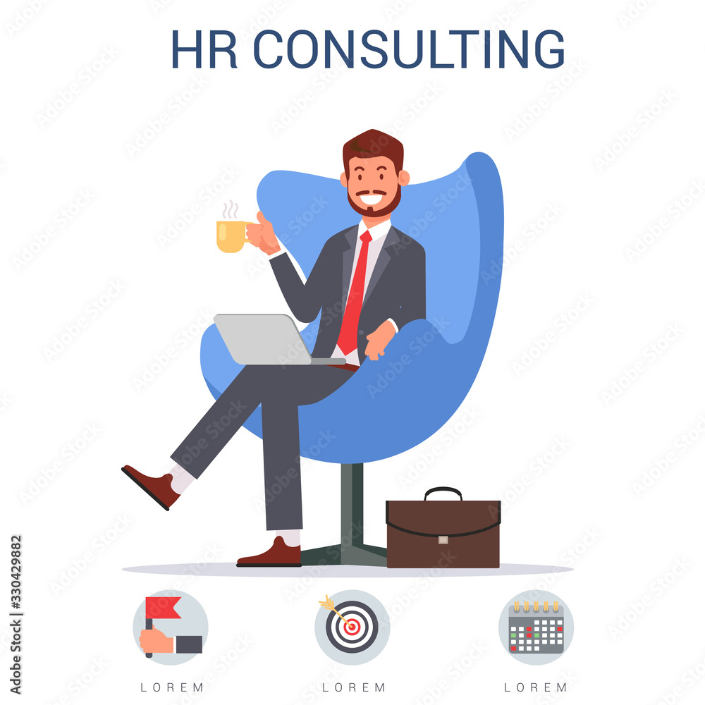 Smiling Man with Laptop Sitting on Chair Flat Cartoon Banner Vector Illustration. Staff Recruitment. HR Manager in Recruitment Agency Holding Cup. Recruiting Director Selection. Skills Icons.