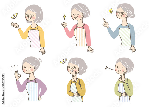 笑顔シニア女性　エプロン　セット