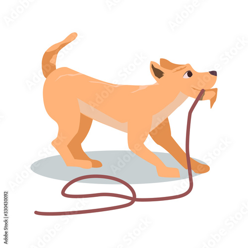 Cartoon Brown Dog Pull Rope Vector Illustration. Cute Playful Puppy Drag Walk Leash. Happy Doggy Want to Play at Playground. Friendly Pet. Domestic Animal Training. Pet Friend. Summer Fun Park