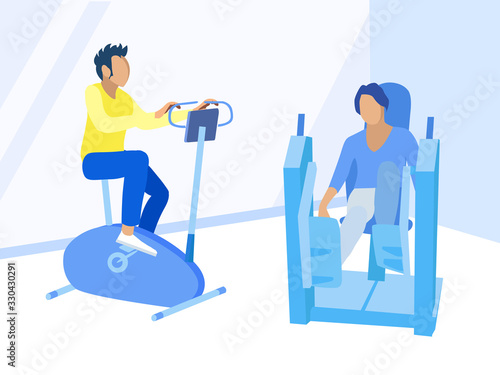 Cardio Training and Leg Exercising on Gym Machine in Rehabilitation Center. Sportsman, People with Physical Disorders, Person after Injure, Human with Craniological Problem. Vector Flat Illustration