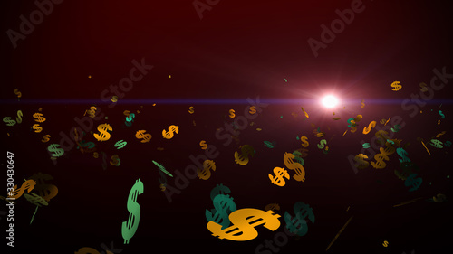 Flying Scattered Dollar Sign Confetti In The Air With Red Lens Flare Of Sun Light Background