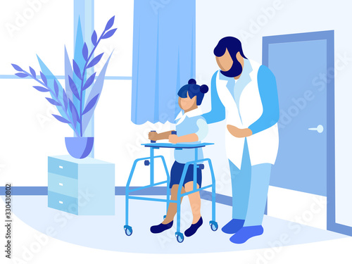 Man Doctor Training Little Girl with Walkers Help. Child Recovery after Injure, Trauma. Physiotherapy Room. Children Rehabilitation and Physical Therapy Activity. Vector Flat Cartoon Illustration