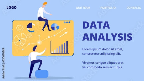 Men Characters Analysing Data at Presentation on Board Flat Cartoon Banner Vector Illustration. Looking at Graphs, Charts. Businessman Discussing Company Growth Web Design. Company Logo.
