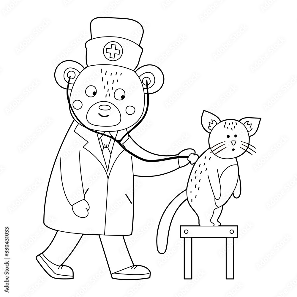 Vector outline animal doctor treating patient. Bear listening to cat’s