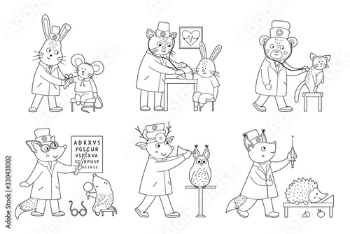 Set of vector outline animal doctors treating patients. Cute funny characters. Medicine coloring page for children. Hospital scenes isolated on white background.
