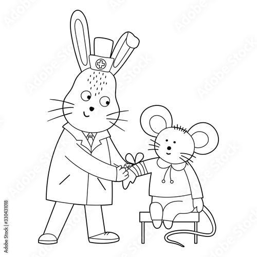 Vector outline animal doctor treating patient. Rabbit applying bandage to mouse’s hand. Cute funny characters. Medicine coloring page for children. Hospital scene isolated on white background.