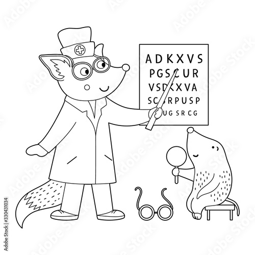 Vector outline animal doctor treating patient. Squirrel checking mole’s eyesight. Cute funny characters. Medicine coloring page for children. Hospital scene isolated on white background.